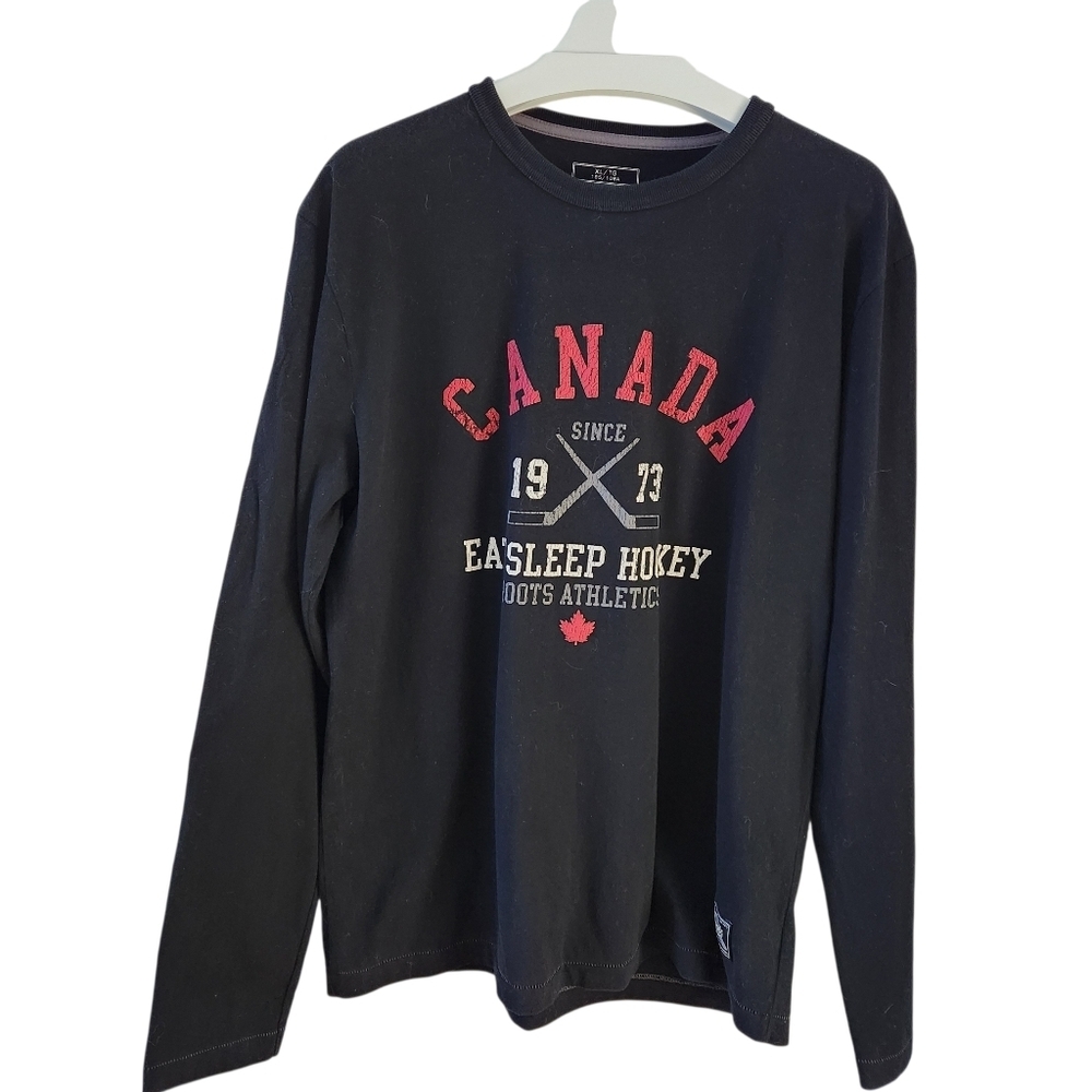 ROOTS Black Canada Eat Sleep Hockey Long Sleeve Tee – athletic graphic top – xl